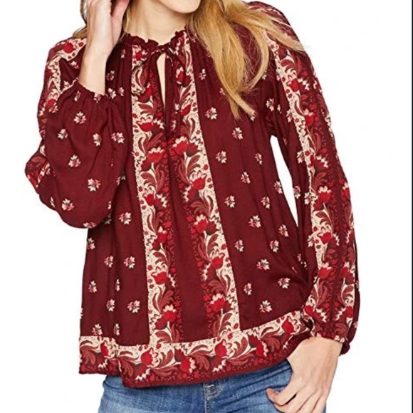 LUCKY BRAND Maroon Bishop Sleeve Peasant Top Boho Size XS NWT - Picture 8 of 10